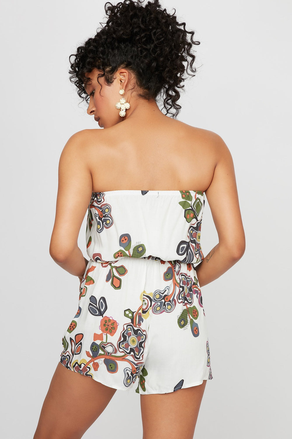Women Strapless Floral Drawstring Romper Off White
