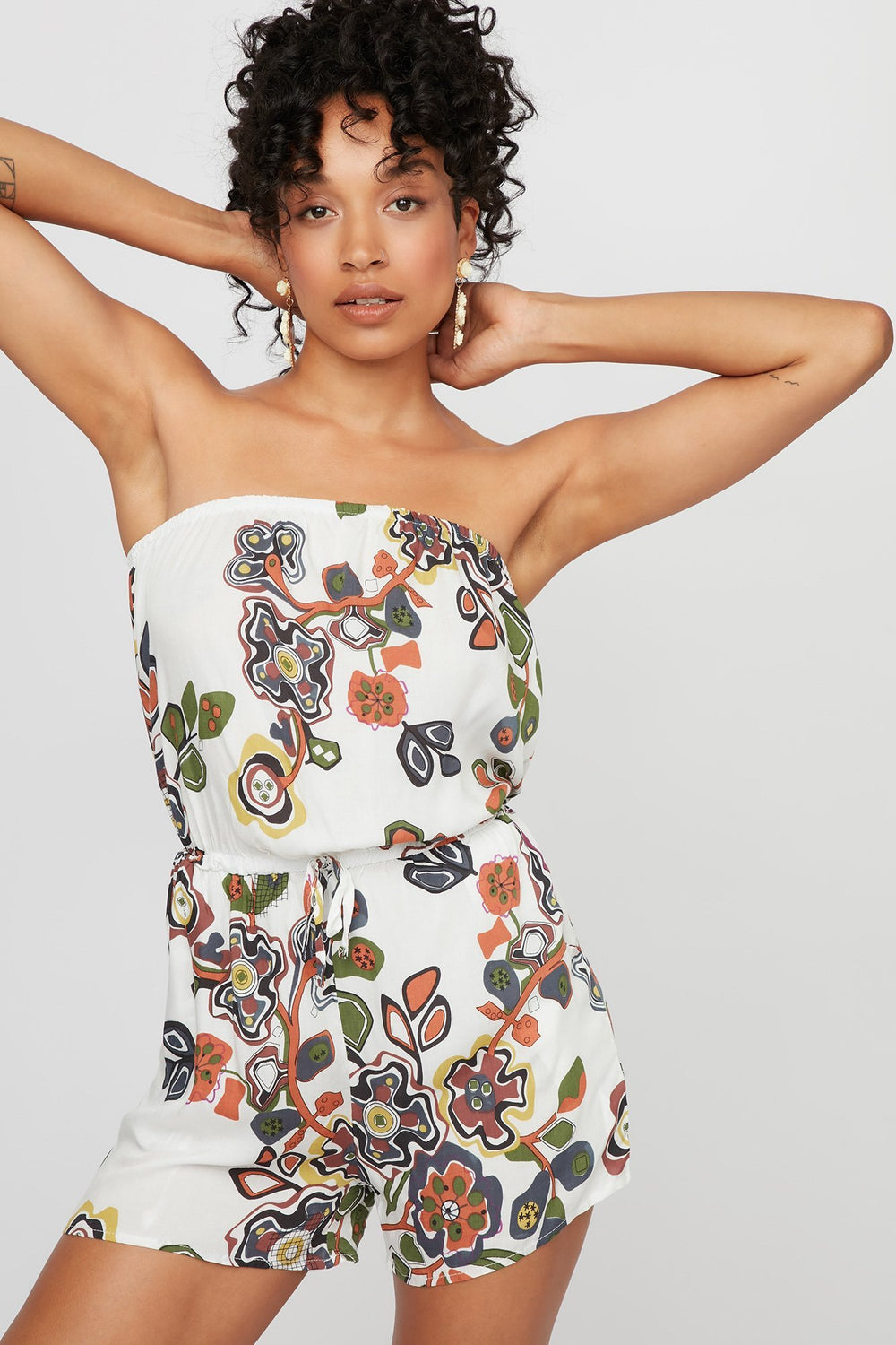 Women Strapless Floral Drawstring Romper Off White