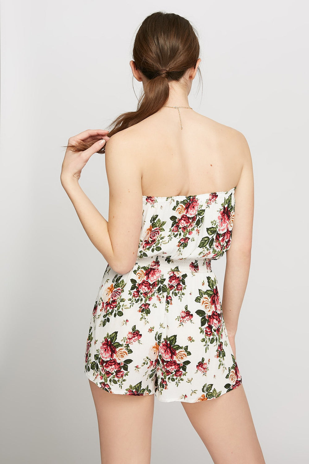 Women Strapless Floral Smocked Waist Romper Off White