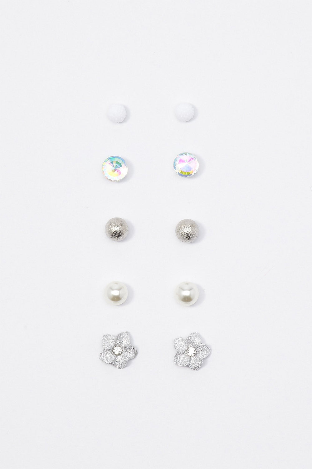 Women Textured Ball Stud Earrings Set (5 Pairs) Off White