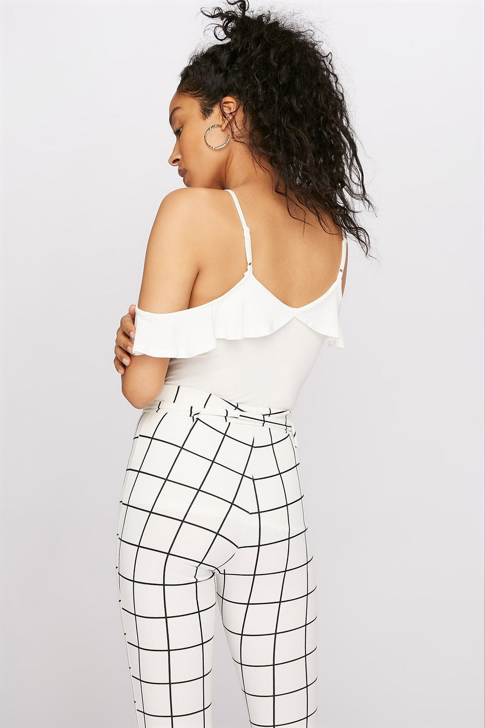 Women V-Neck Ruffle Cold Shoulder Camisole Off White