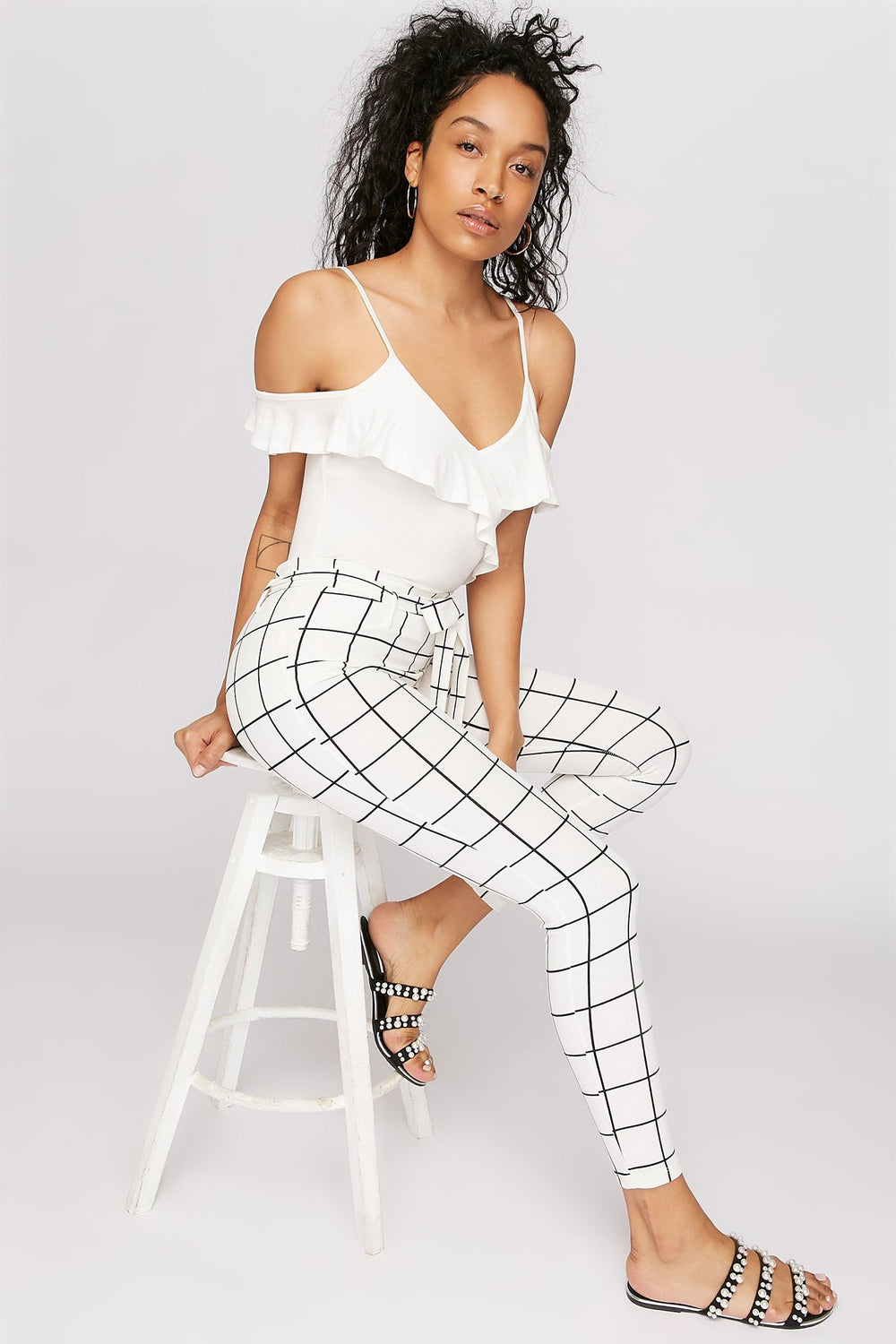 Women V-Neck Ruffle Cold Shoulder Camisole Off White