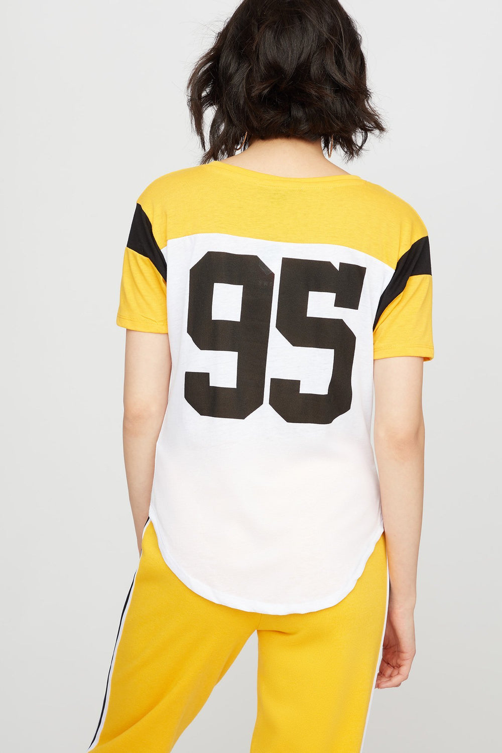 Women V-Neck Varsity Striped Colour Block T-Shirt Off White