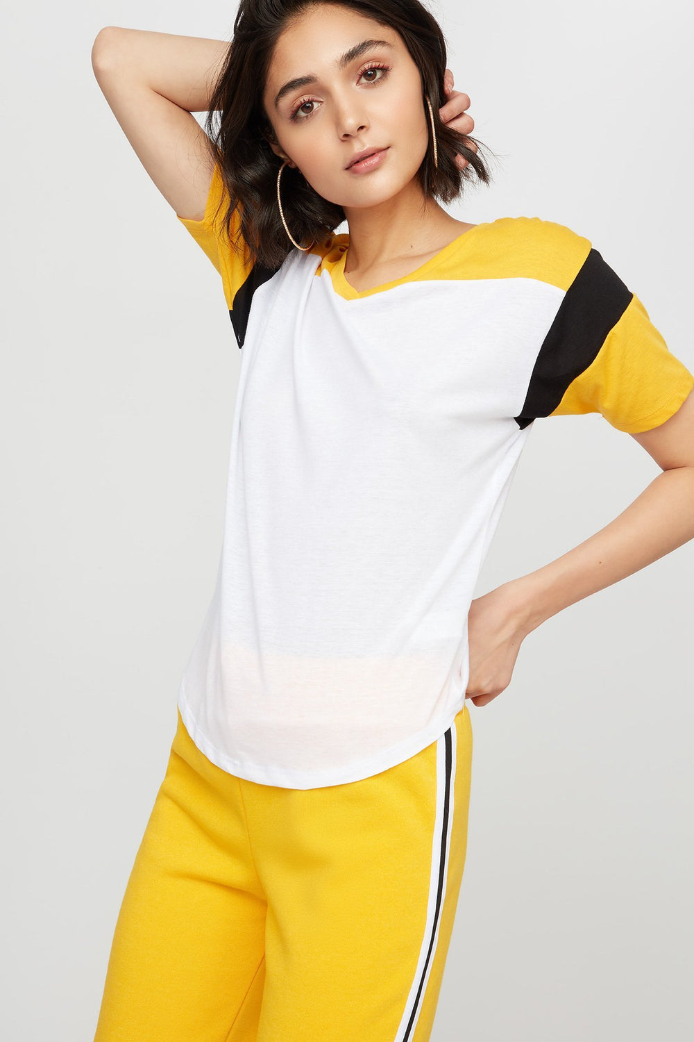 Women V-Neck Varsity Striped Colour Block T-Shirt Off White