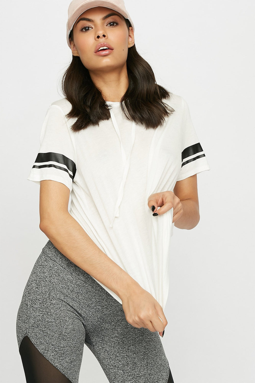 Women Varsity Striped Dolphin Hem Drawstring Hooded T-Shirt Off White