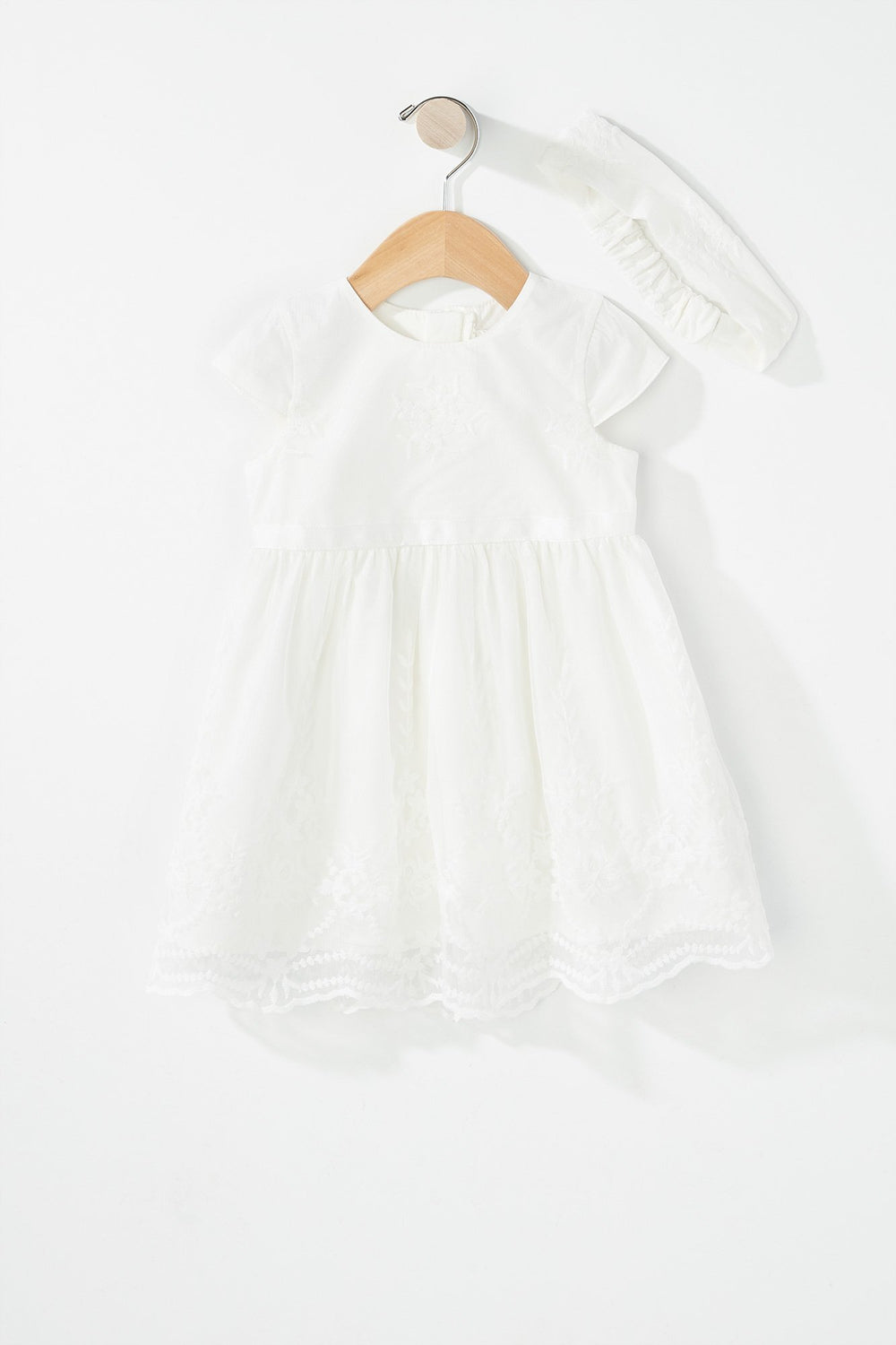 Kids Baby Girl Floral Crochet Lace Dress with Headband Off White