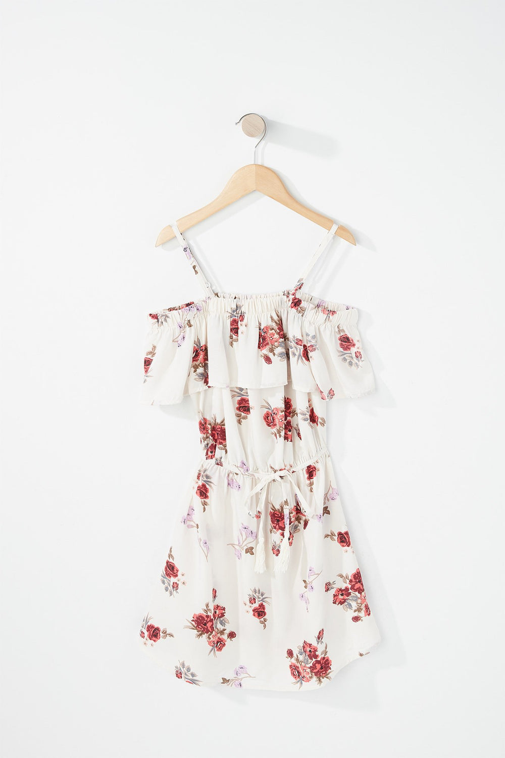 Kids Girls Cold Shoulder Ruffle Drawstring Printed Dress Off White