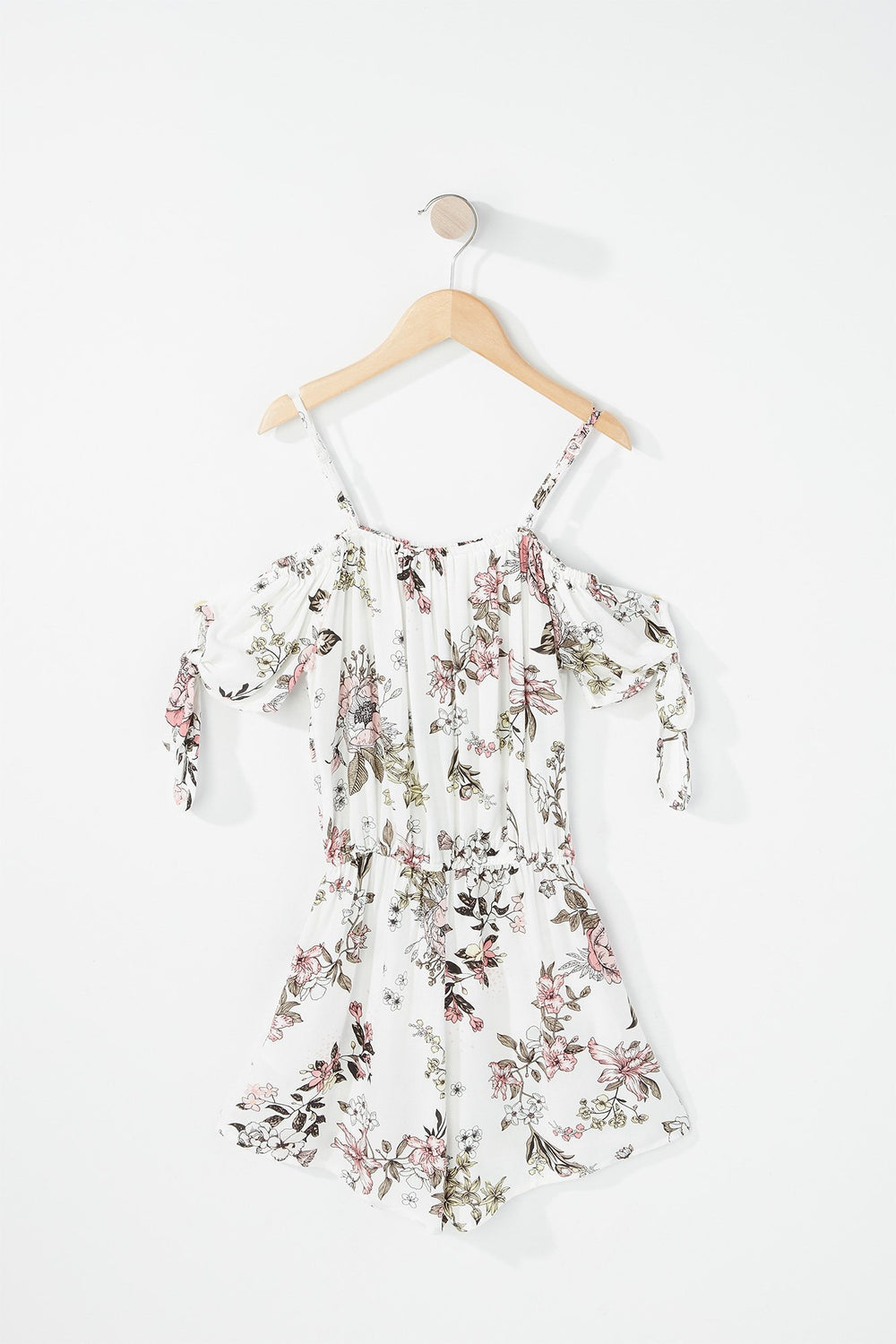 Kids Girls Cold Shoulder Self-Tie Sleeve Floral Romper Off White