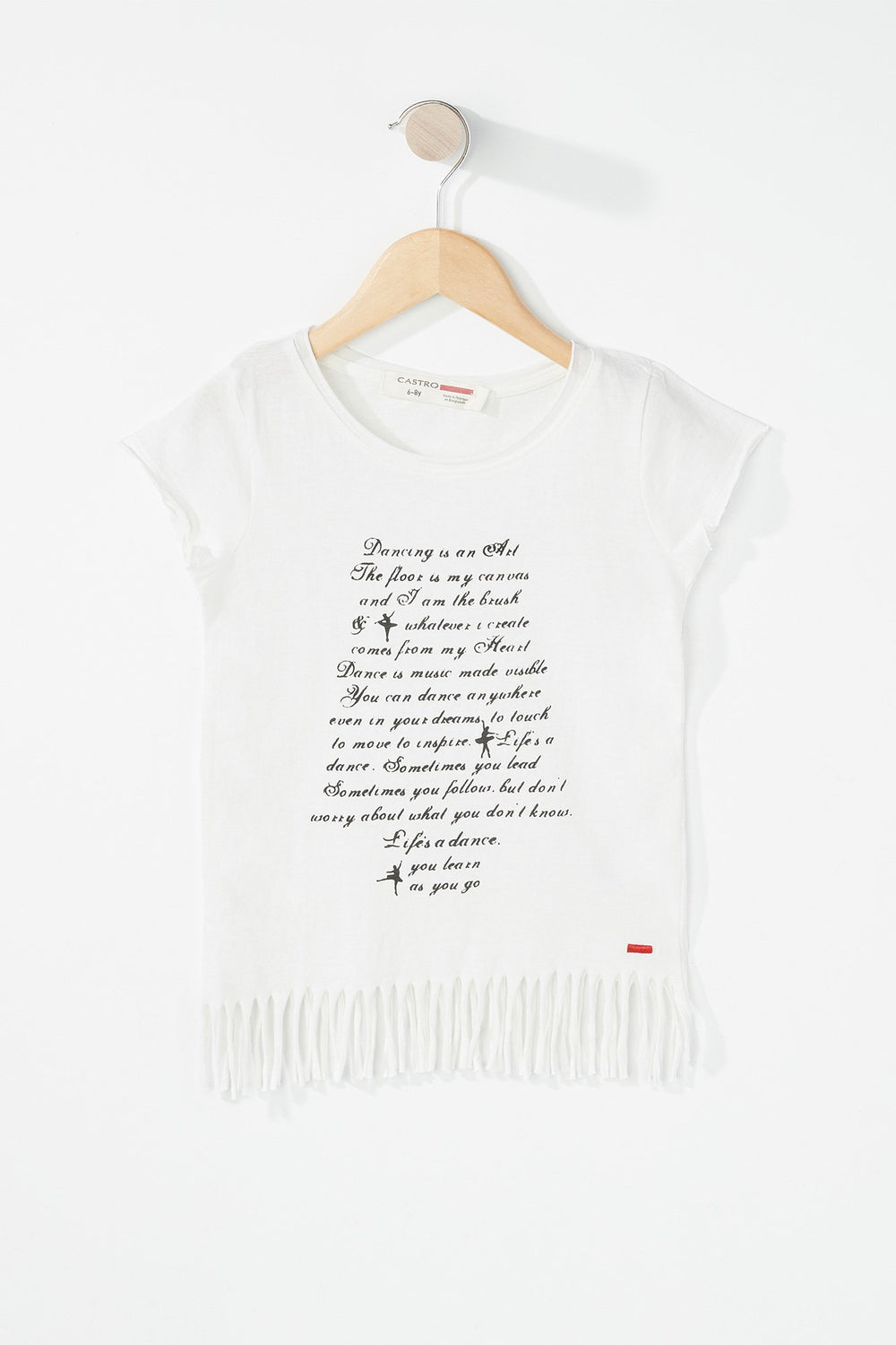 Kids Girls Dancing Ballerina Quote Graphic Fringe T-Shirt Off White