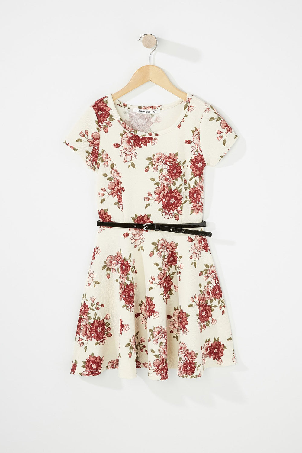 Kids Girls Floral Belted Pleated Dress Off White