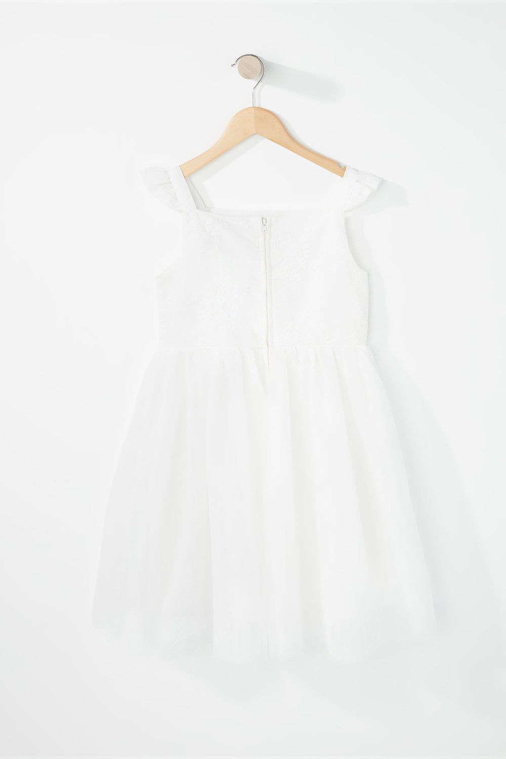 Kids Girls Floral Lace Mesh Pleated Dress Off White
