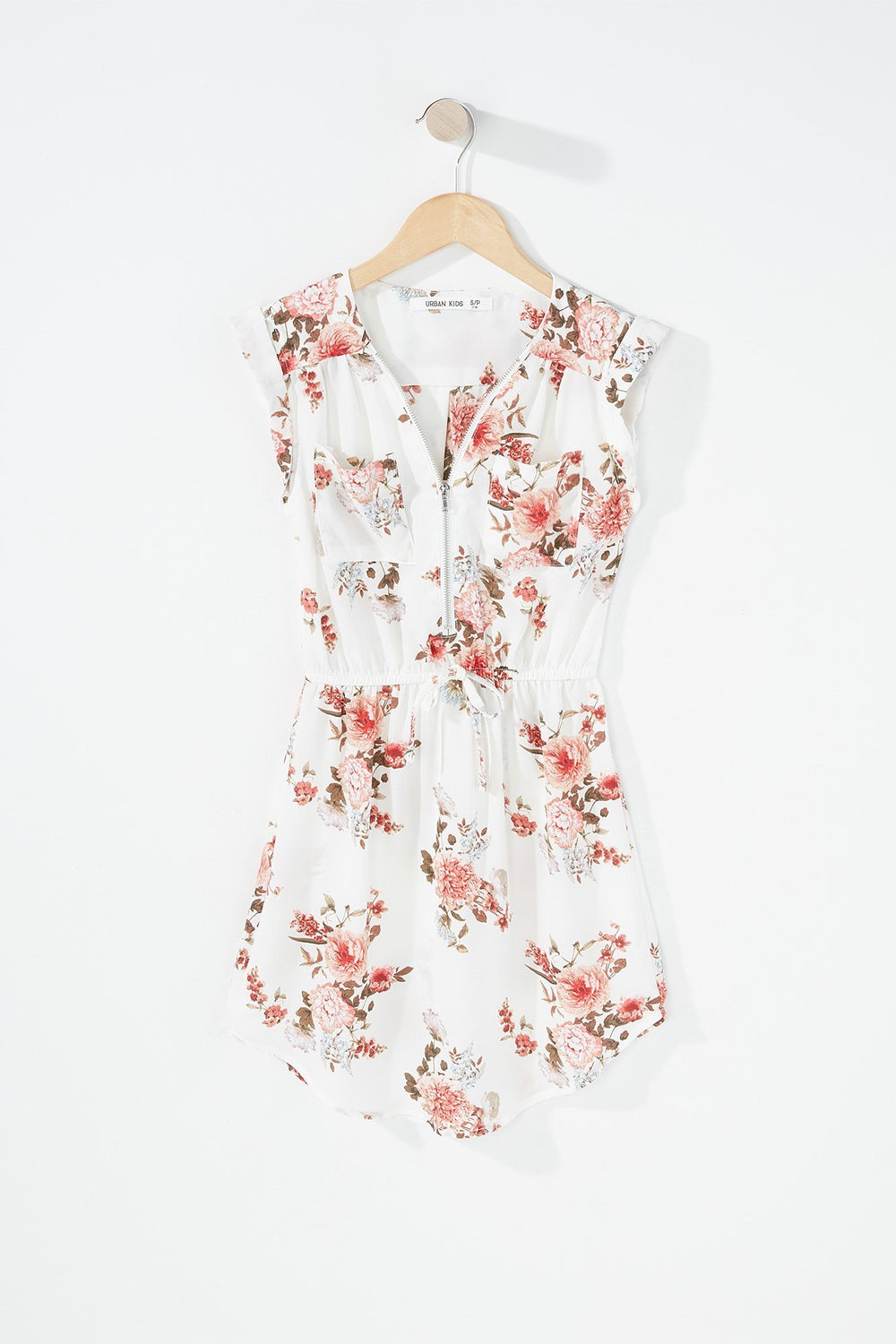 Kids Girls Half-Zip Floral Drawstring Dolphin Hem Dress Off White