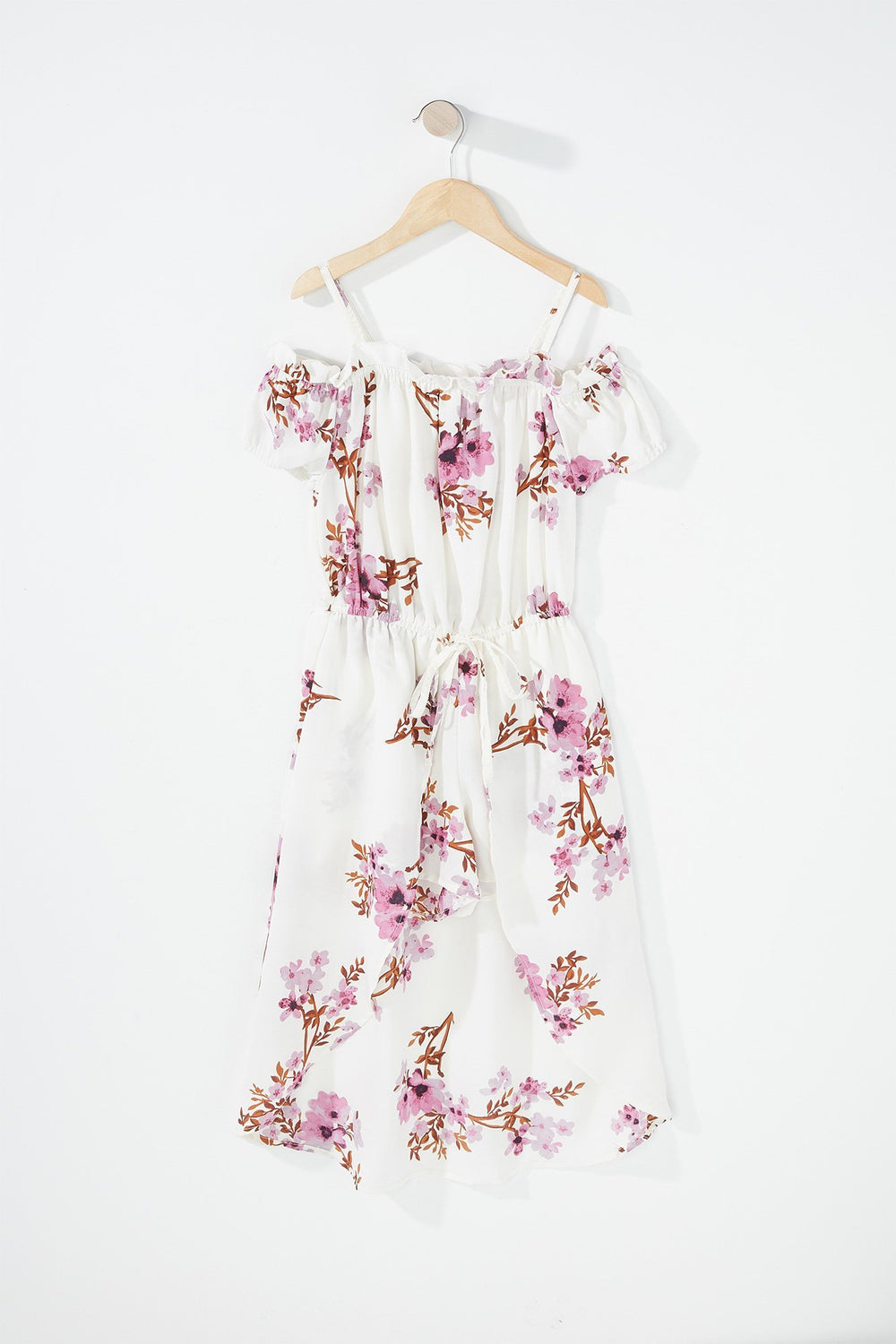 Kids Girls Ruffle Cold Shoulder Floral Drawstring Walkthrough Romper Off White