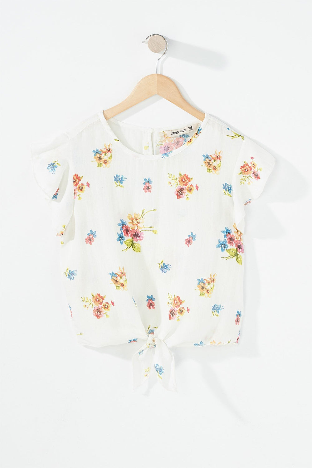 Kids Girls Ruffle Floral Front-Knot Self-Tie Blouse Off White