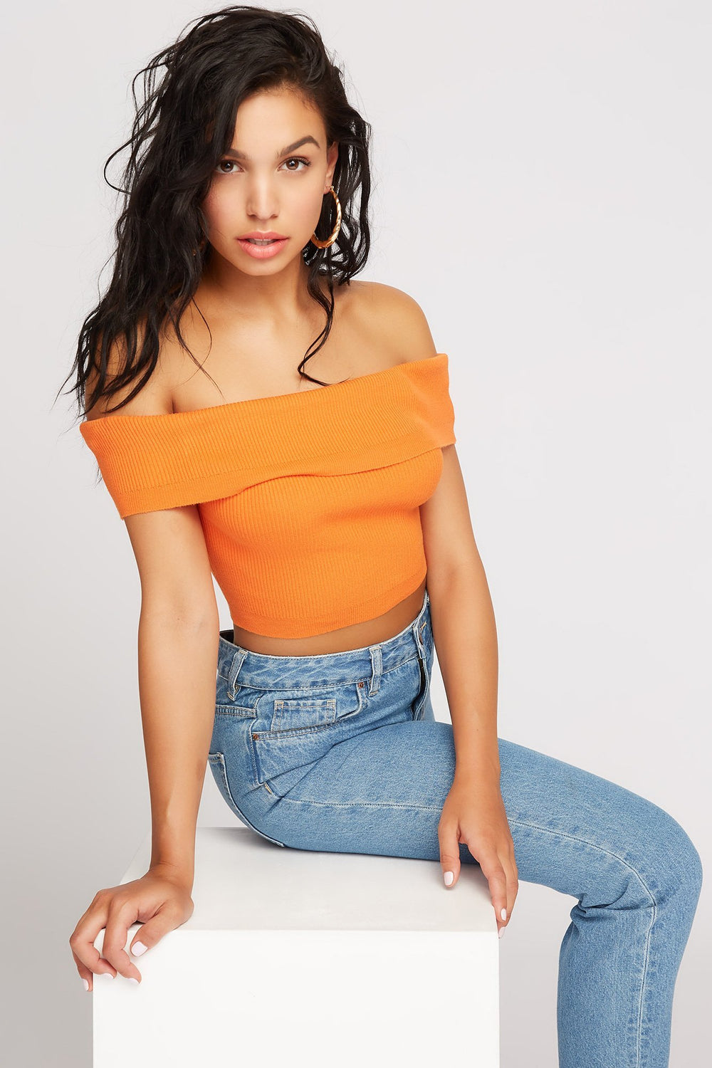 Women Blouse courte côtelée à épaules dénudées Orange