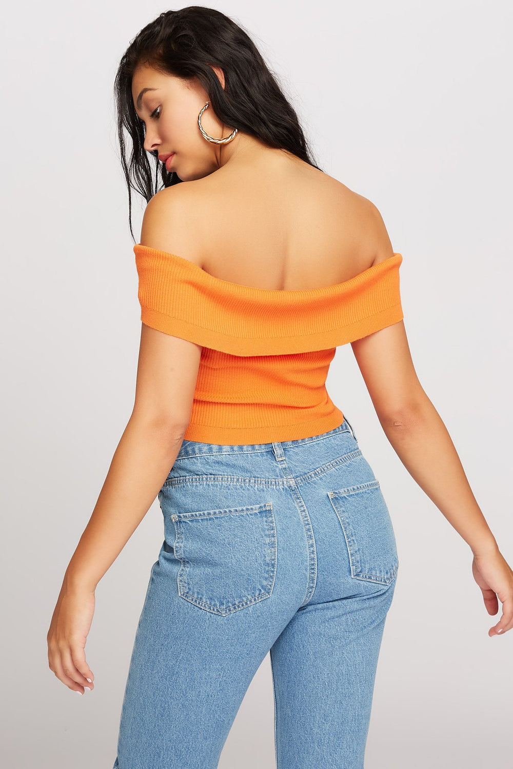 Women Off The Shoulder Fold Ribbed Cropped Blouse Orange