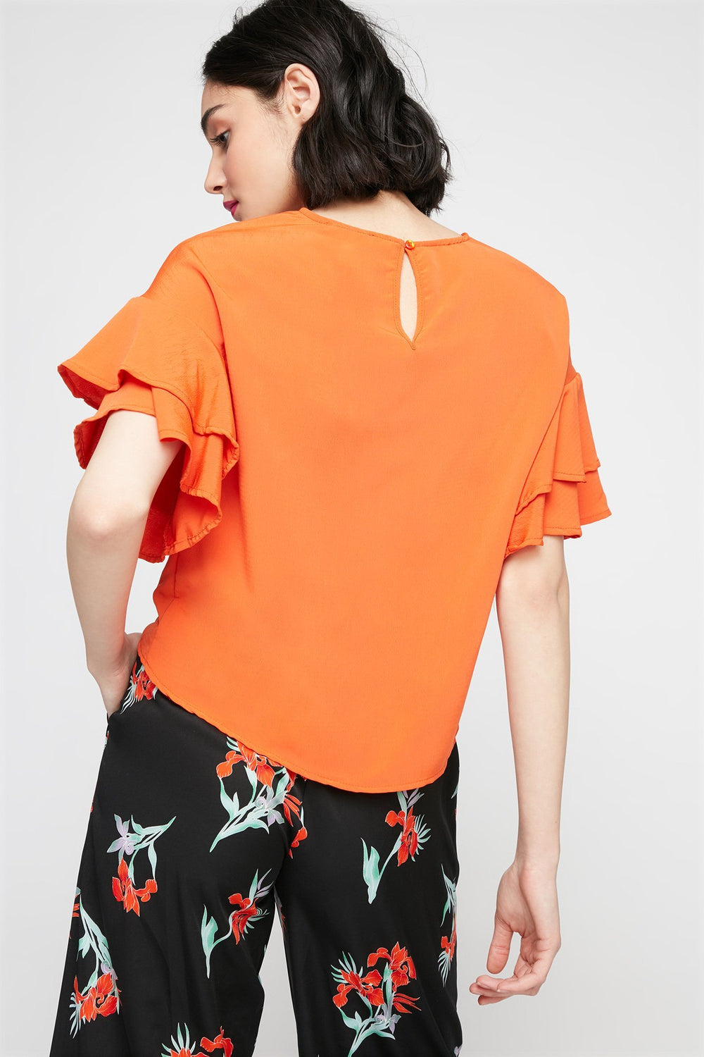 women Ruffle Bell Sleeve Blouse Orange