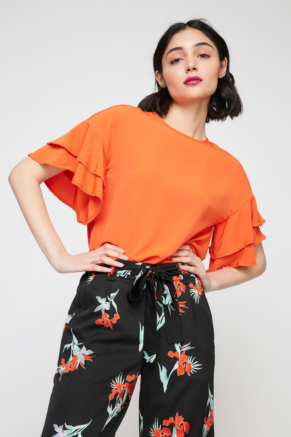 women Ruffle Bell Sleeve Blouse Orange