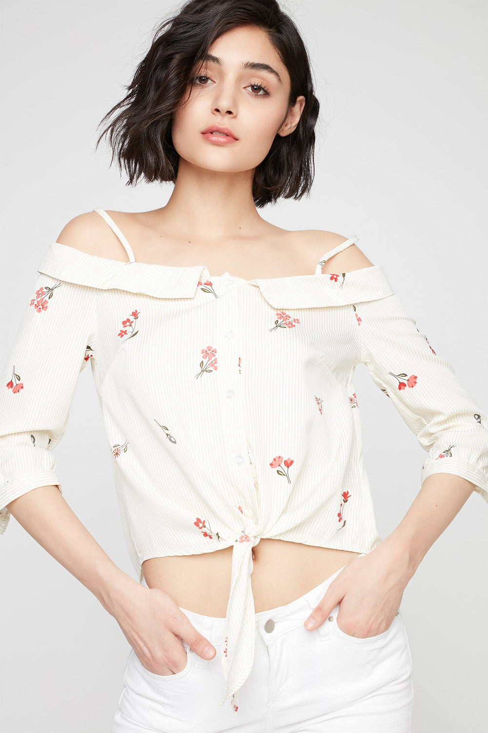 Women Cold Shoulder Striped Front-Knot Button-Up Blouse Pale Yellow