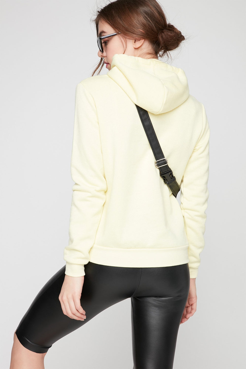 Women Coloured Crewneck Drawstring Popover Hoodie Pale Yellow