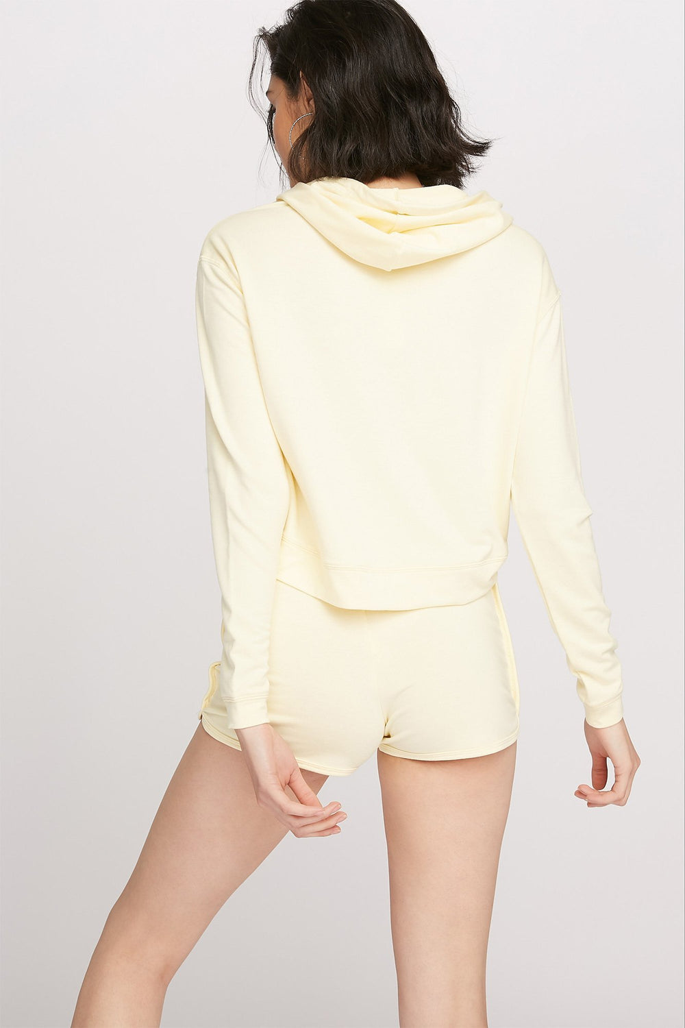Women Fleece Drawstring Popover Hoodie Pale Yellow