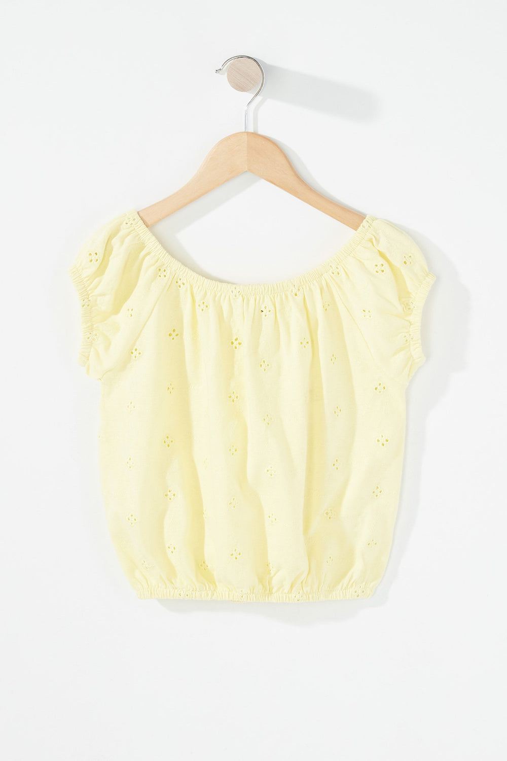 Kids Girls Off The Shoulder Perforated Cropped Blouse Pale Yellow