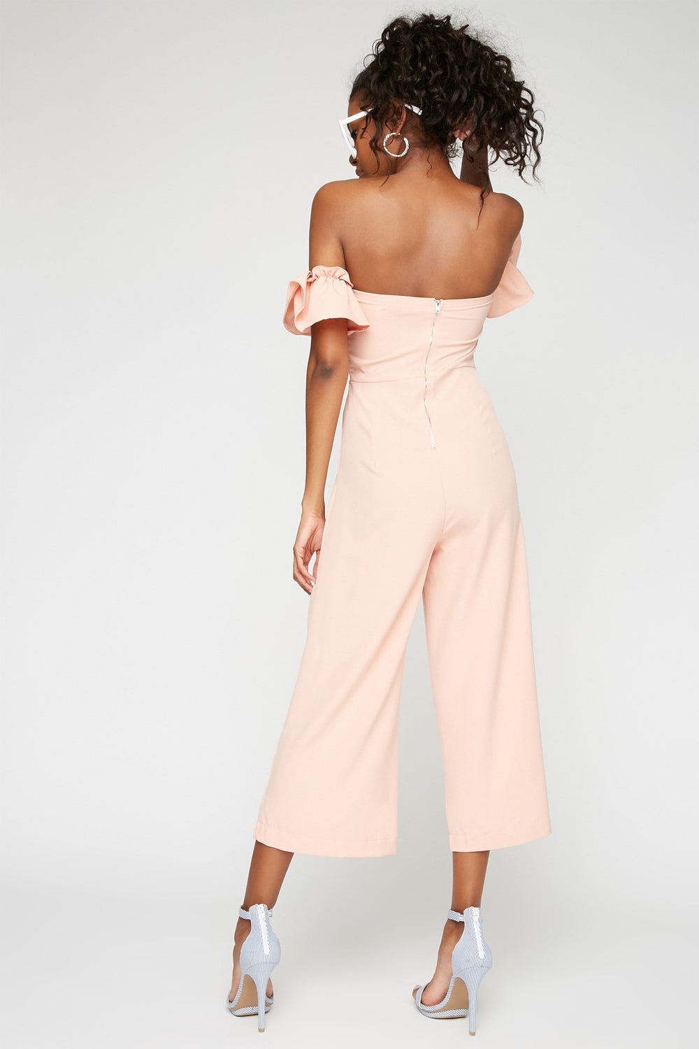Women Off The Shoulder Ruffle Bell Sleeve Culotte Jumpsuit Peach