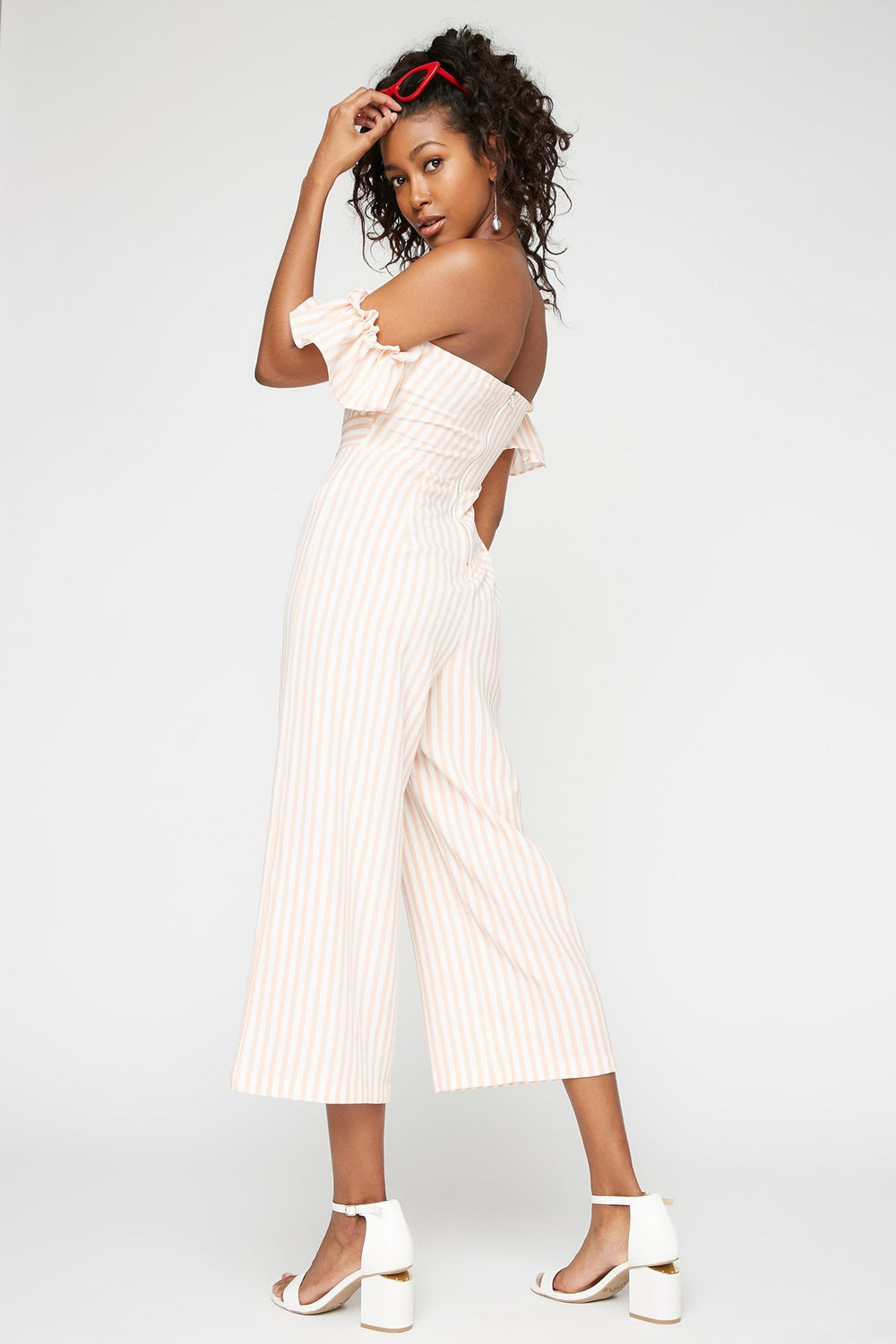 Women Off The Shoulder Striped Ruffle Bell Sleeve Culotte Jumpsuit Peach