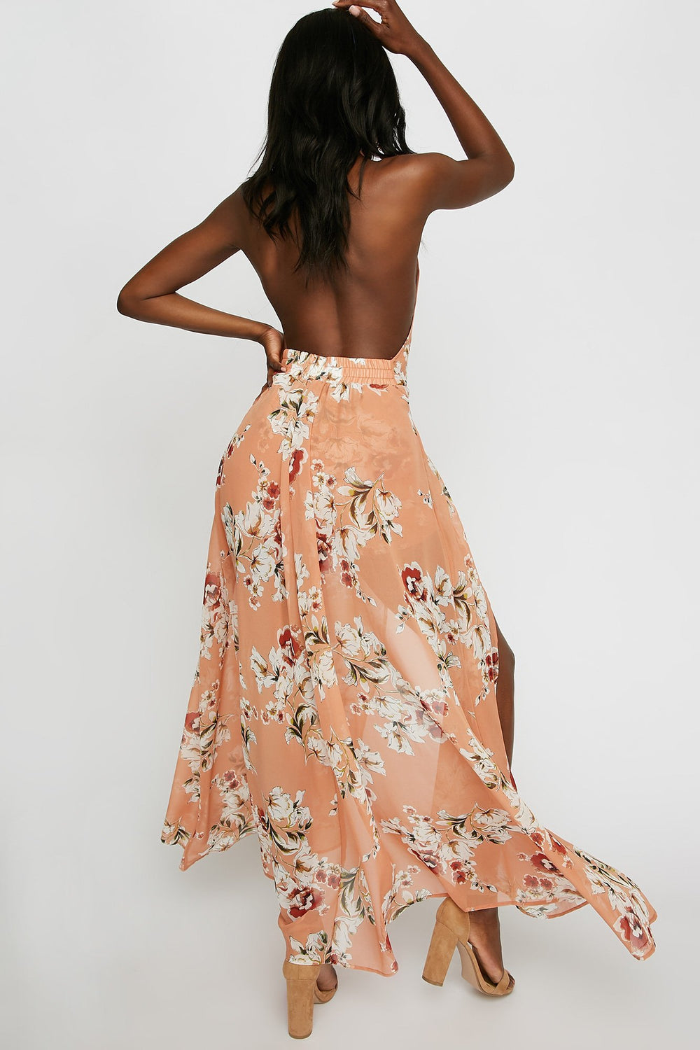 Women Plunging V-Neck Floral Mesh Halter Walkthrough Romper Peach