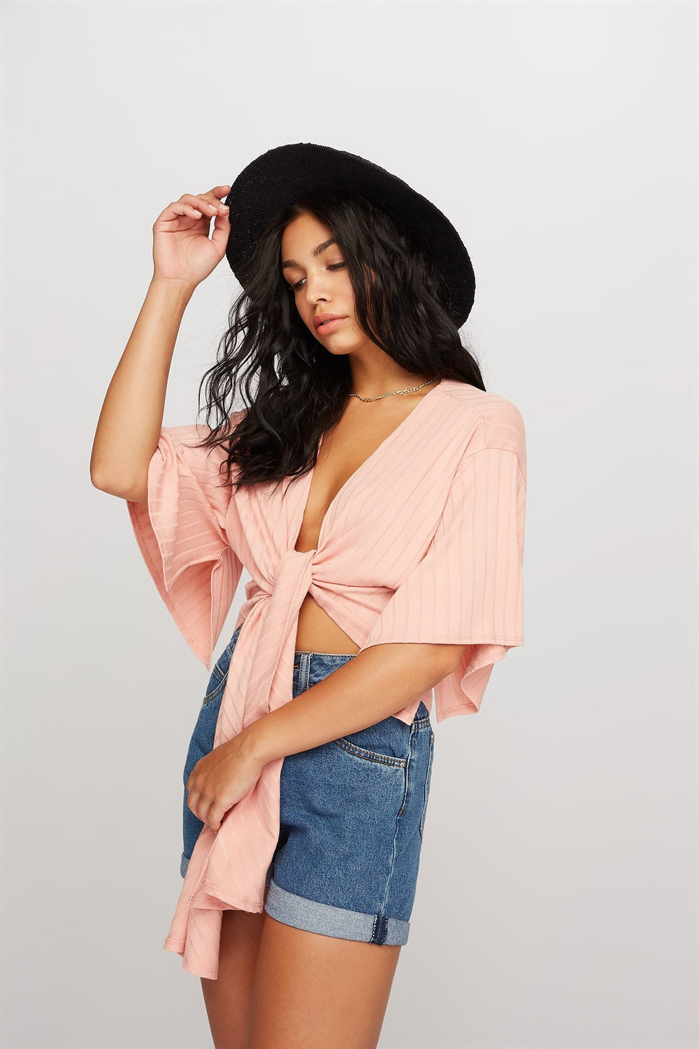 Women Ribbed Self-Tie Kimono Cardigan Peach