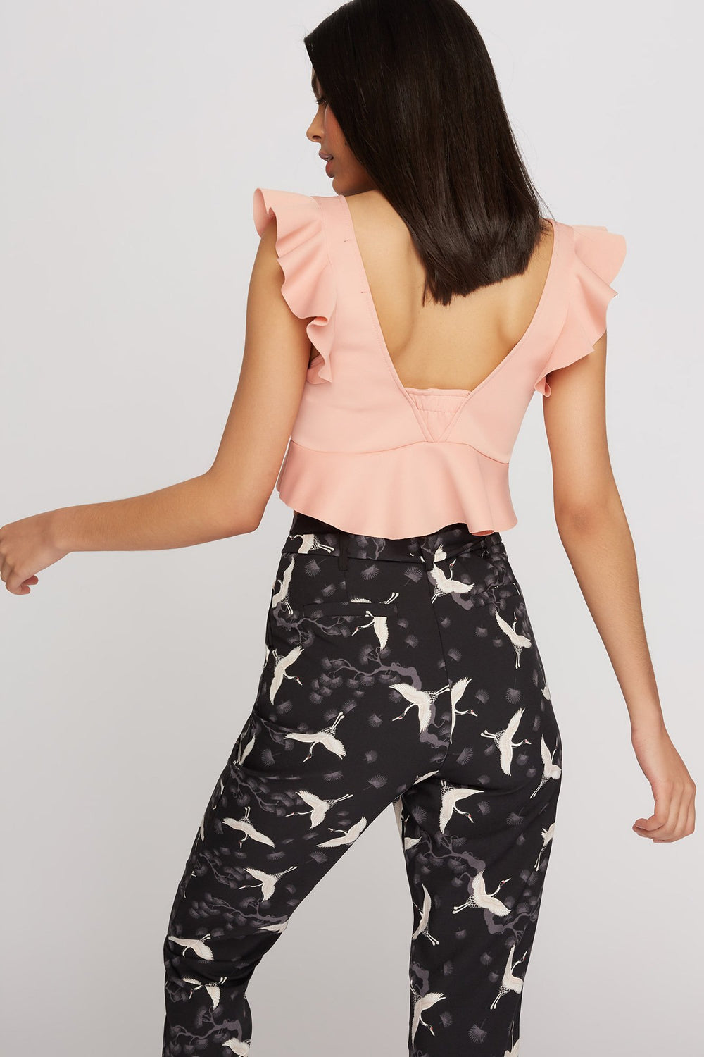 Women Scuba V-Neck Ruffle Cropped Blouse Peach