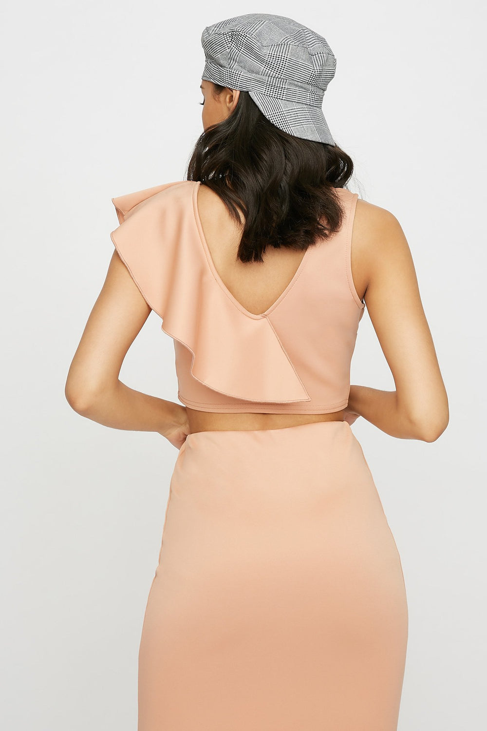 Women V-Neck Ruffle Cropped Tank Peach