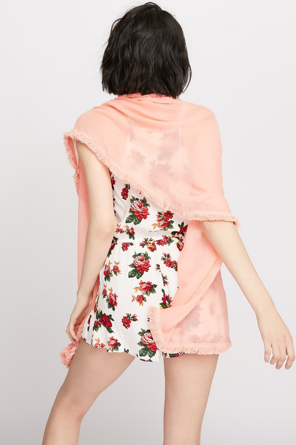Women Frayed Hem Knit Scarf Peach