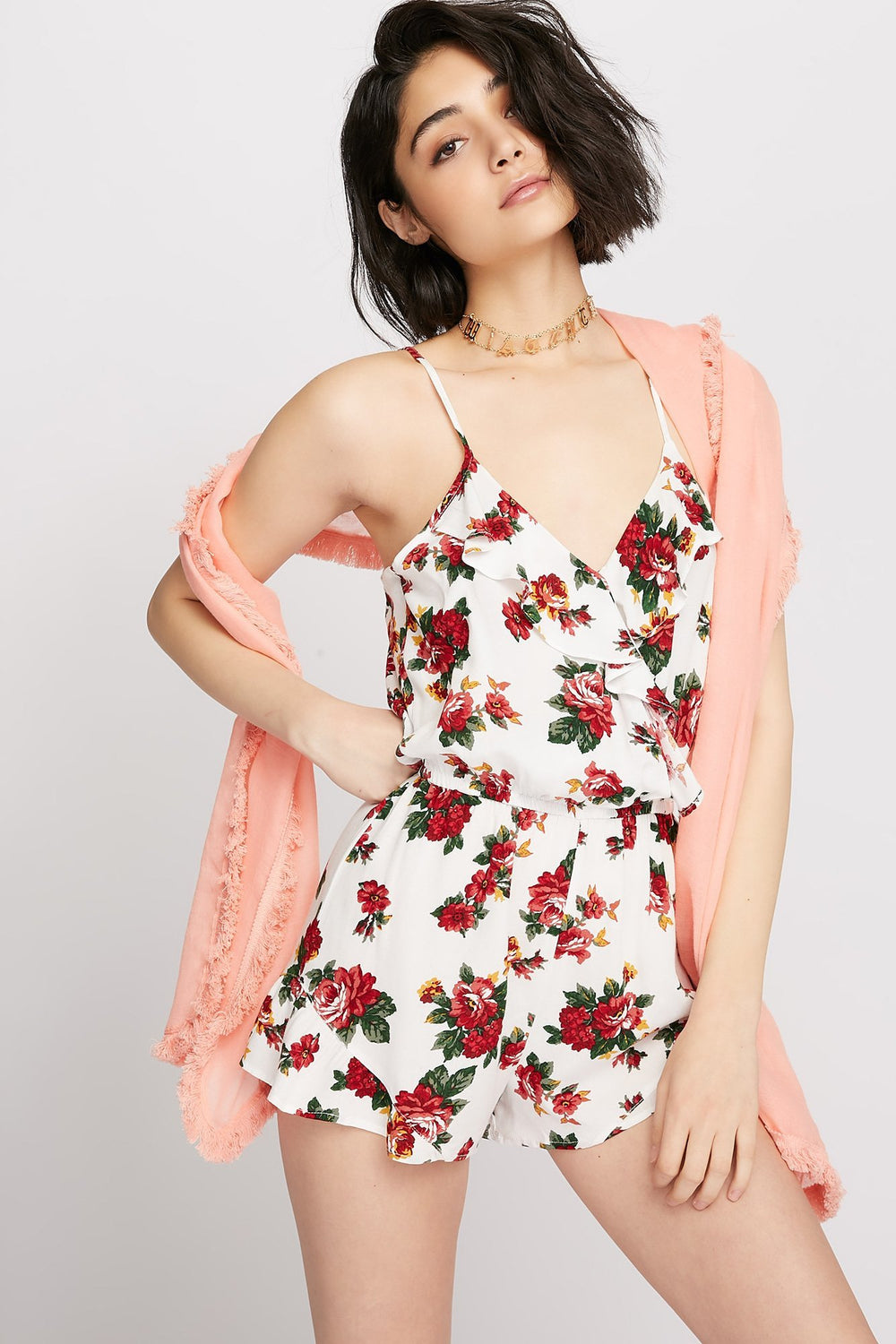 Women Frayed Hem Knit Scarf Peach