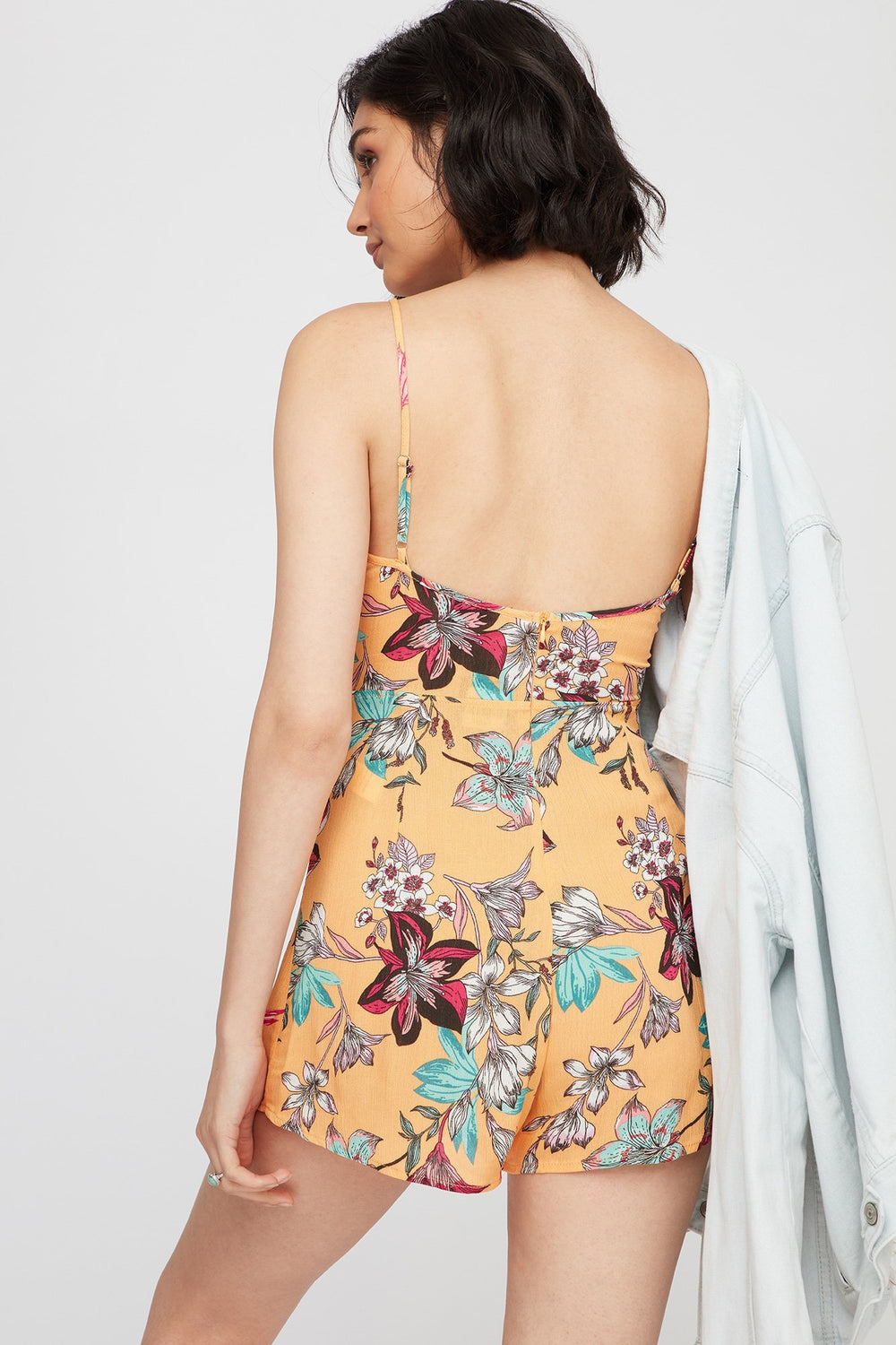 Women Front-Knot Open-Back Floral Romper Peach