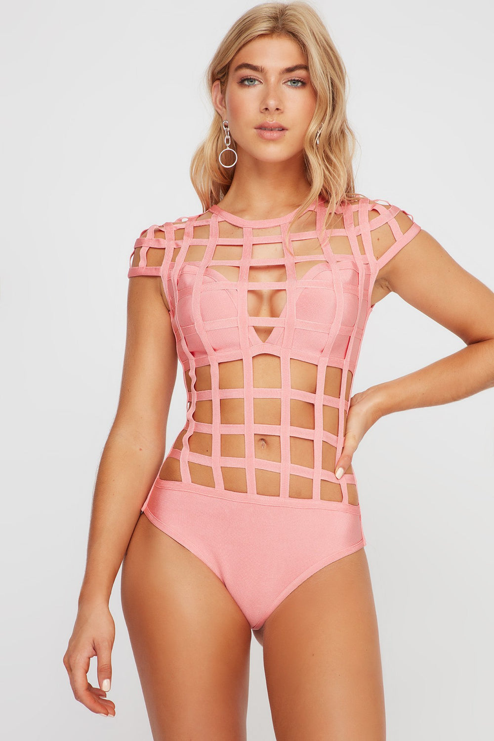 Women Bandage Caged Bodysuit Pink