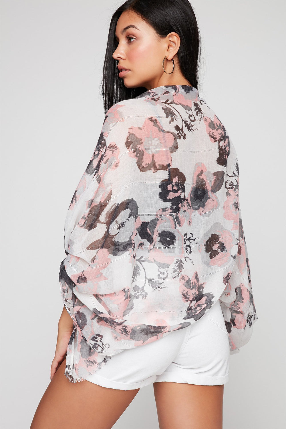 Women Floral Sequins Frayed Hem Lightweight Scarf Pink