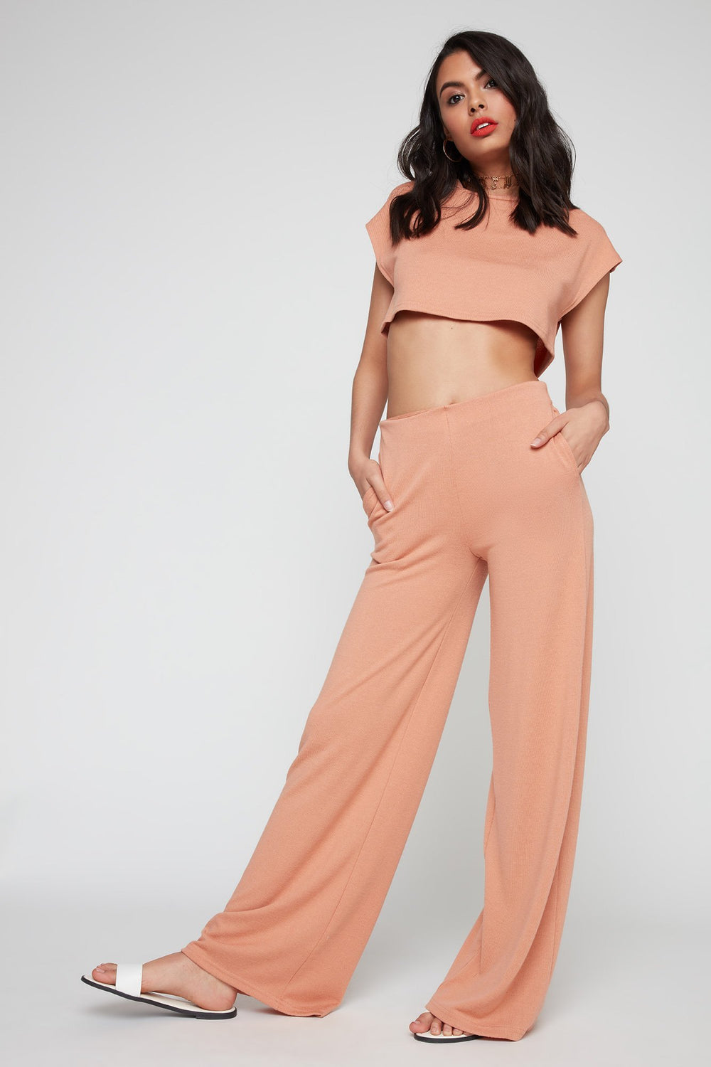 Women Knit Cropped T-Shirt Pink