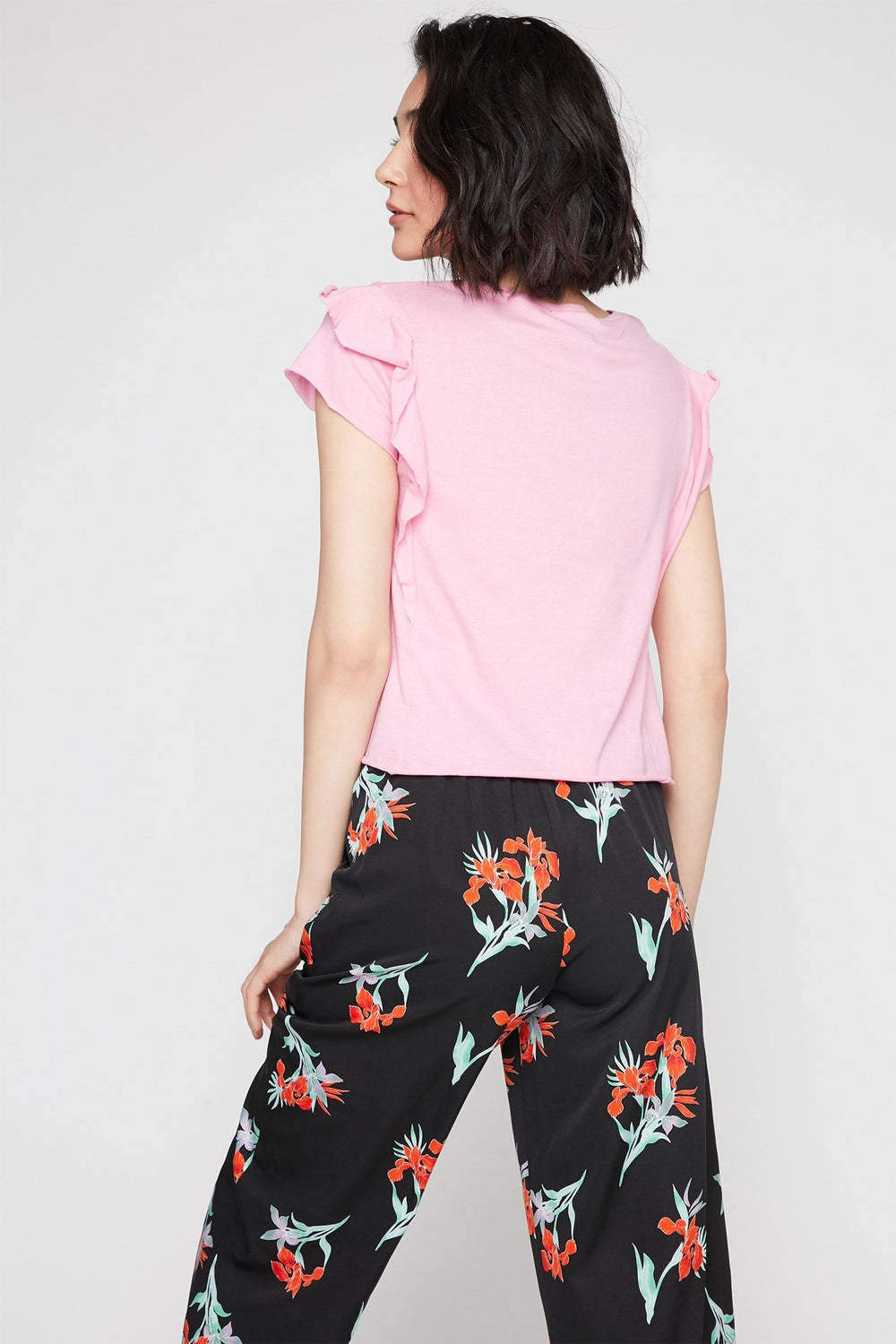 Women Layered Ruffle Sleeve Crewneck T-Shirt Pink