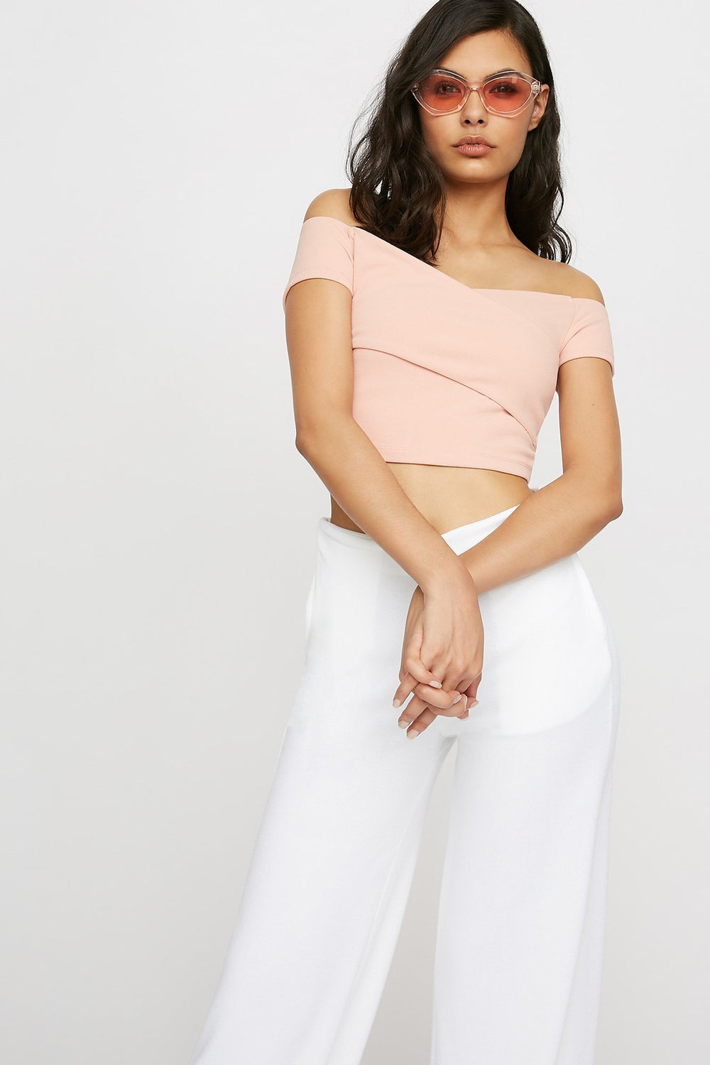 Women Off The Shoulder Crepe Cropped Blouse Pink