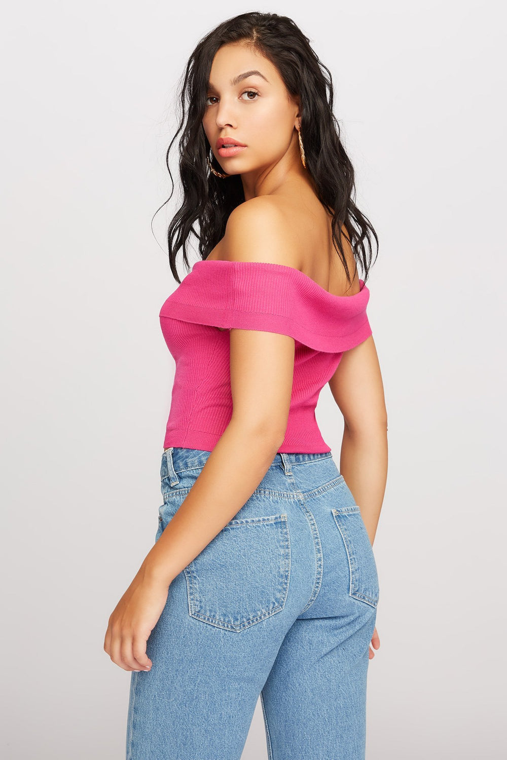 Women Off The Shoulder Fold Ribbed Cropped Blouse Pink