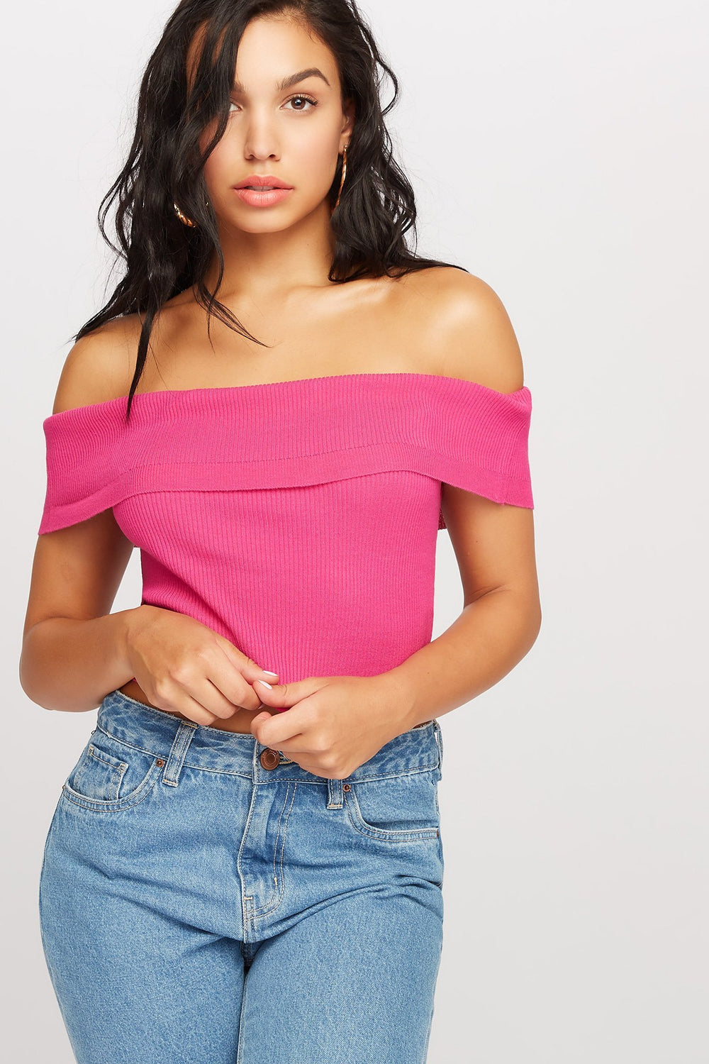 Women Off The Shoulder Fold Ribbed Cropped Blouse Pink