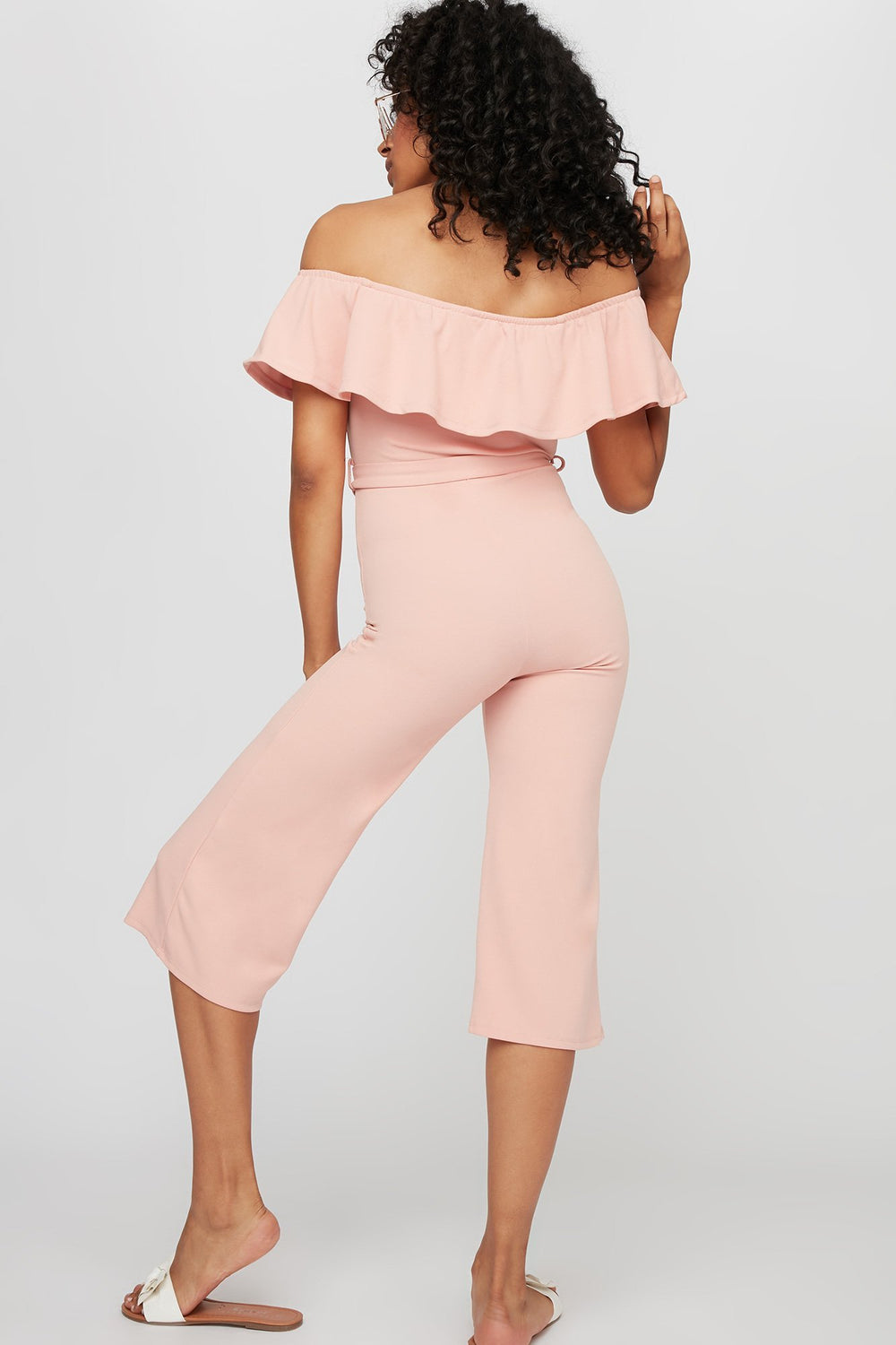 Women Off The Shoulder Ruffle Belted Culotte Jumpsuit Pink