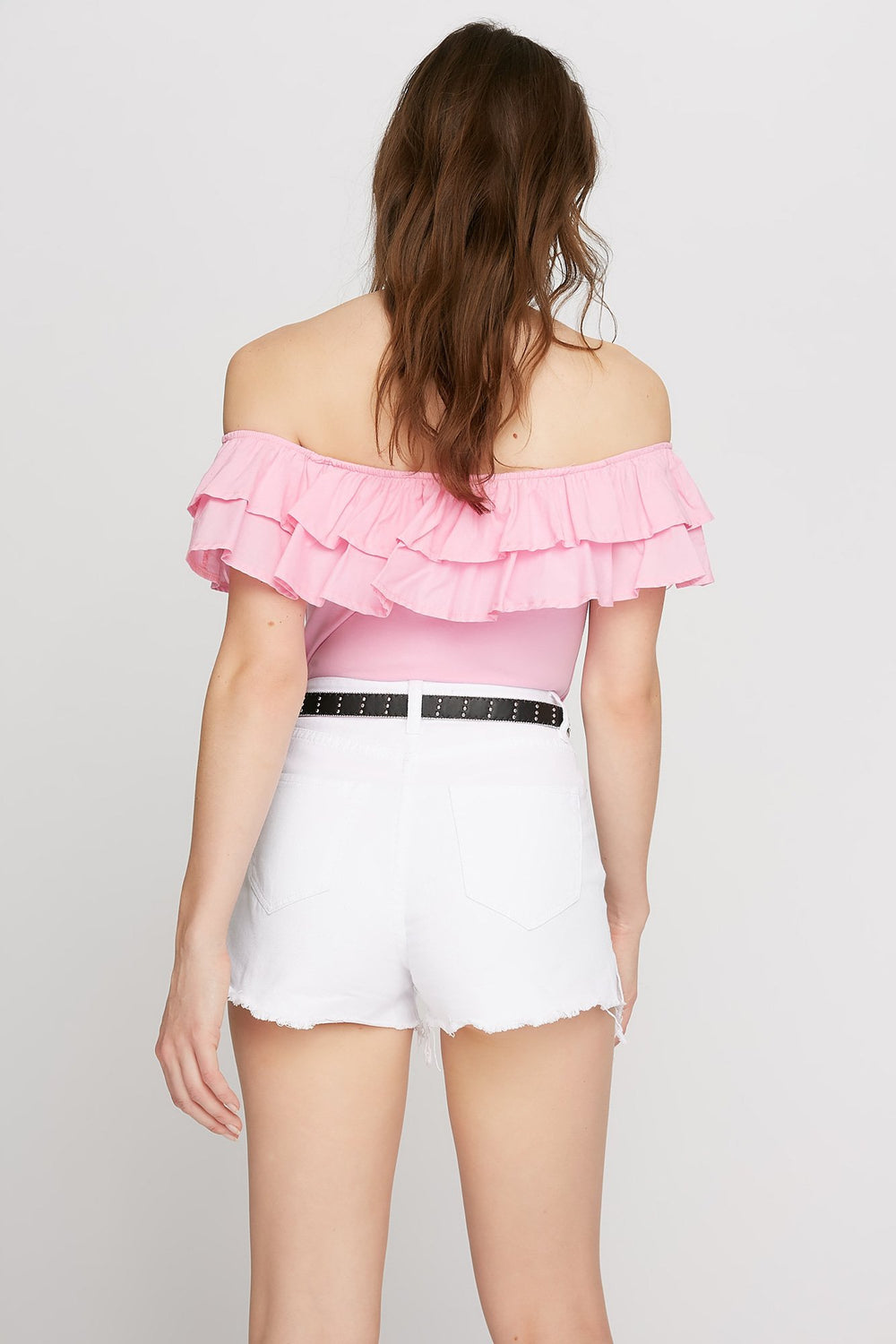 Women Off The Shoulder Ruffle T-Shirt Pink