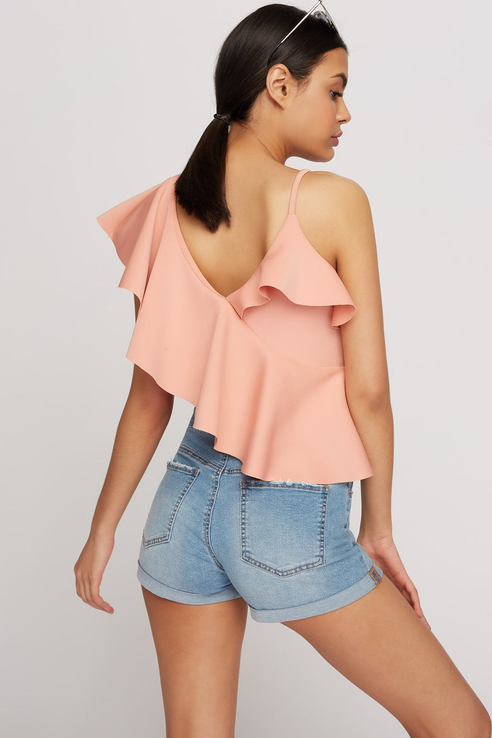 Women One Shoulder Ruffle Scuba Asymmetrical Cropped Blouse Pink