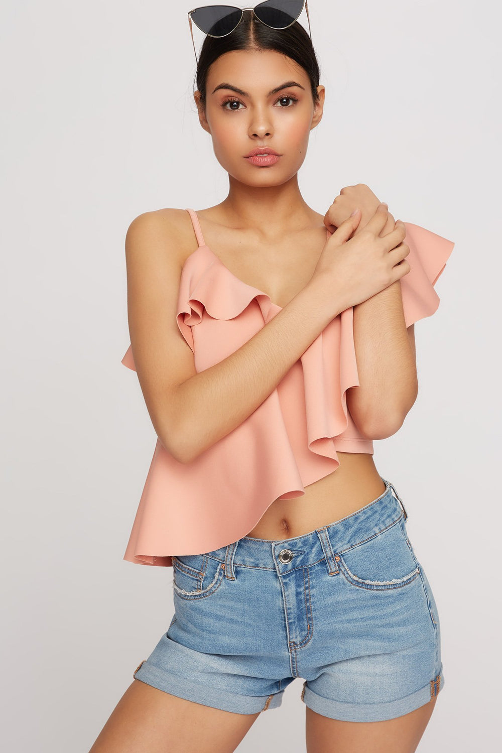 Women One Shoulder Ruffle Scuba Asymmetrical Cropped Blouse Pink