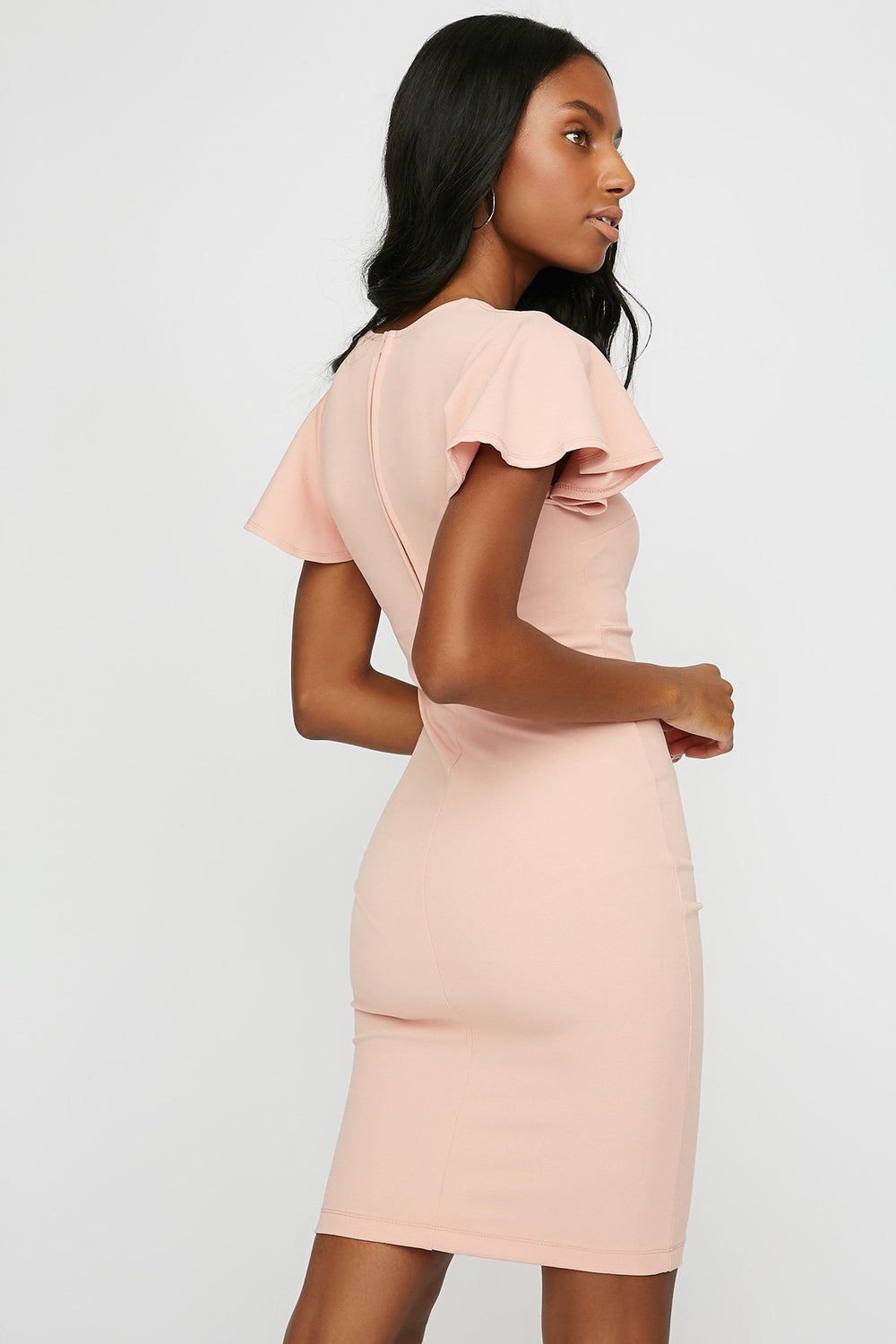 Women V-Neck Ruffle Sleeve Bodycon Midi Dress Pink