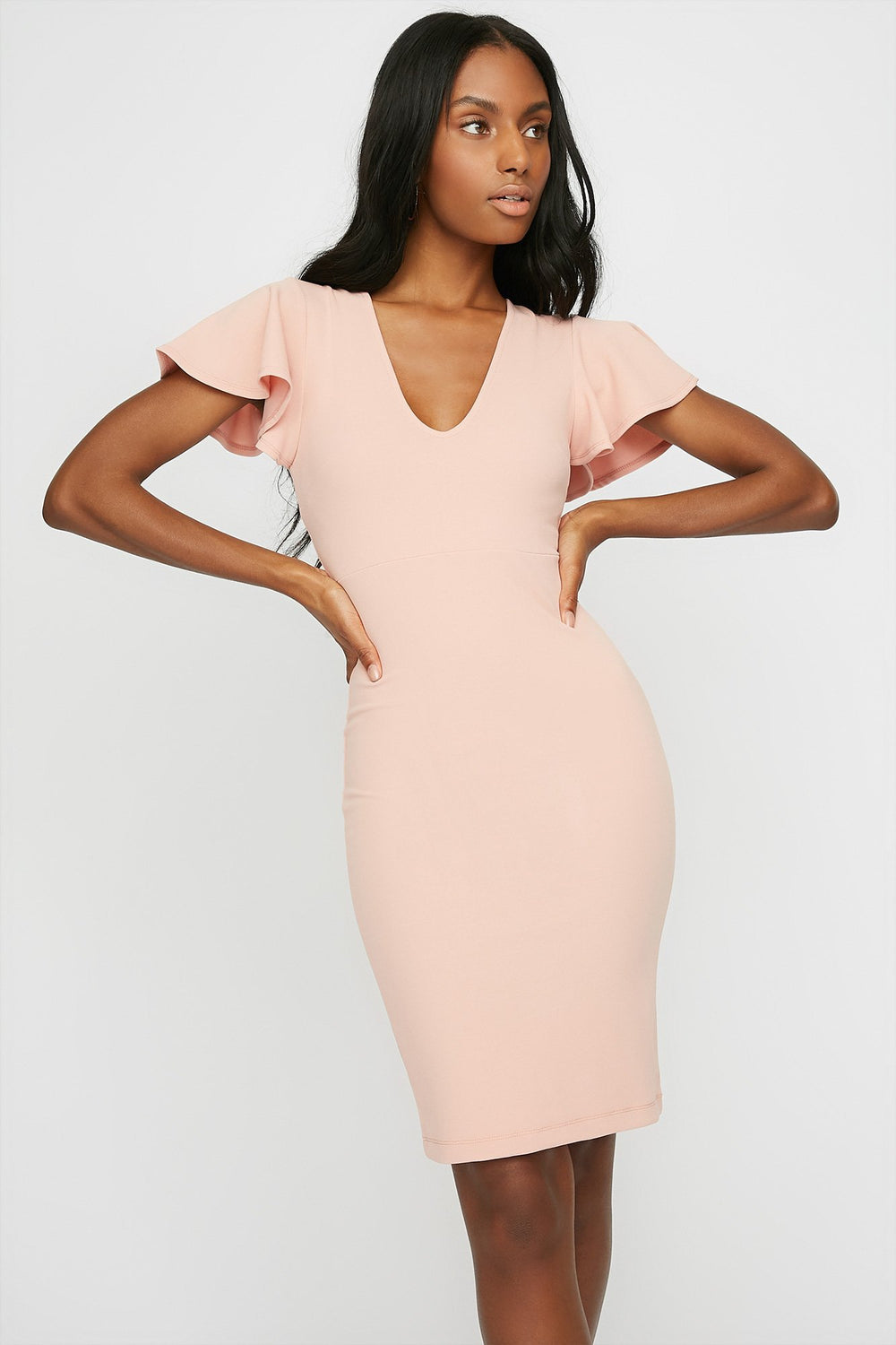Women V-Neck Ruffle Sleeve Bodycon Midi Dress Pink