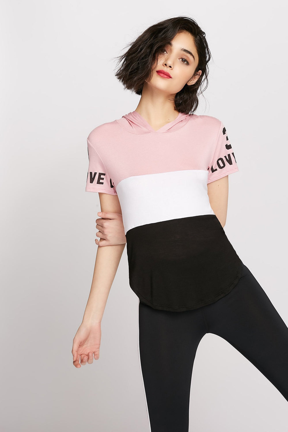 Women Love Colour Block Graphic Hooded T-Shirt Pink