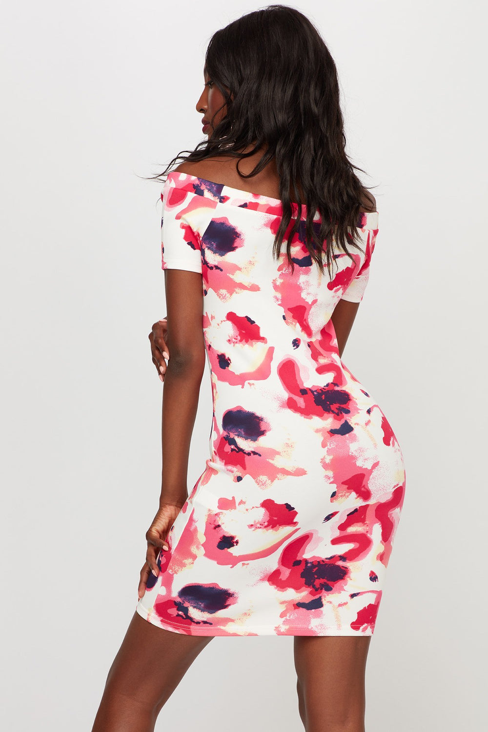 Women Off The Shoulder Floral Bodycon Mini Dress Pink